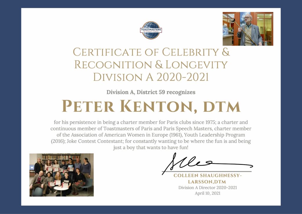 Recognition of Peter Kenton